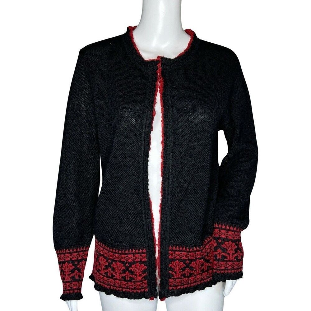 MFH Knits Sweater Womens Medium Black Red Open Front Cardigan Baby Alpaca Boho